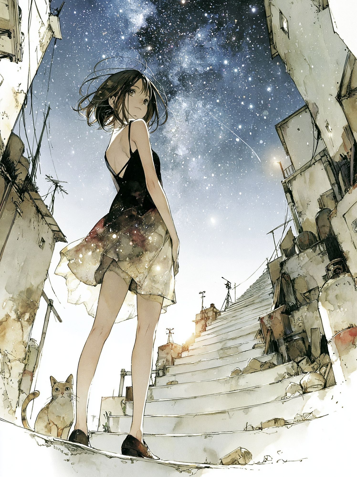 Girl Under Starry Sky Illustration Poster. poster — anime art