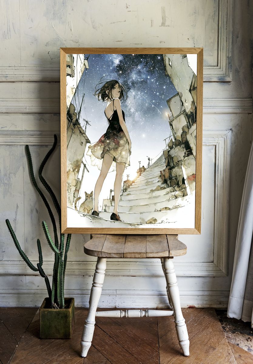 Girl Under Starry Sky Illustration Poster. room preview