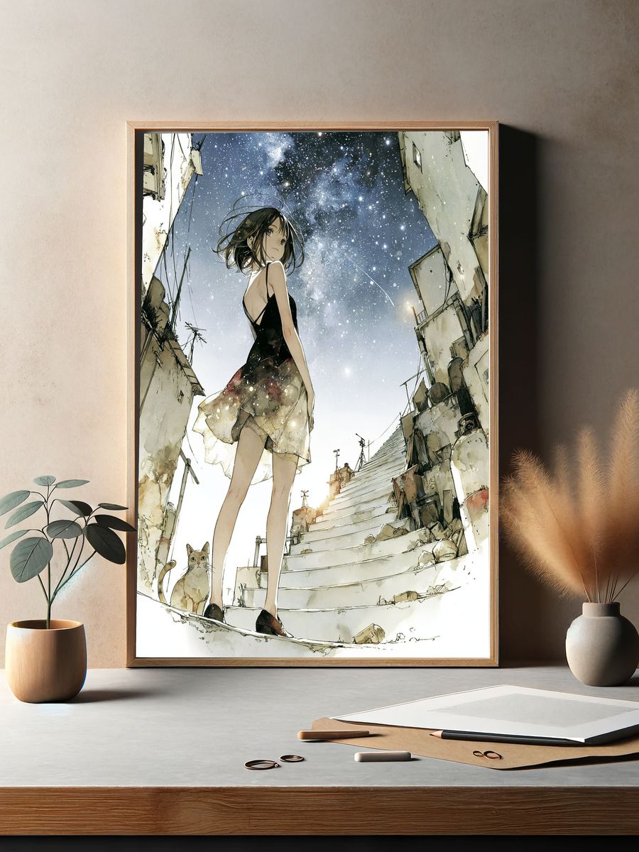 Girl Under Starry Sky Illustration Poster. — room view 2