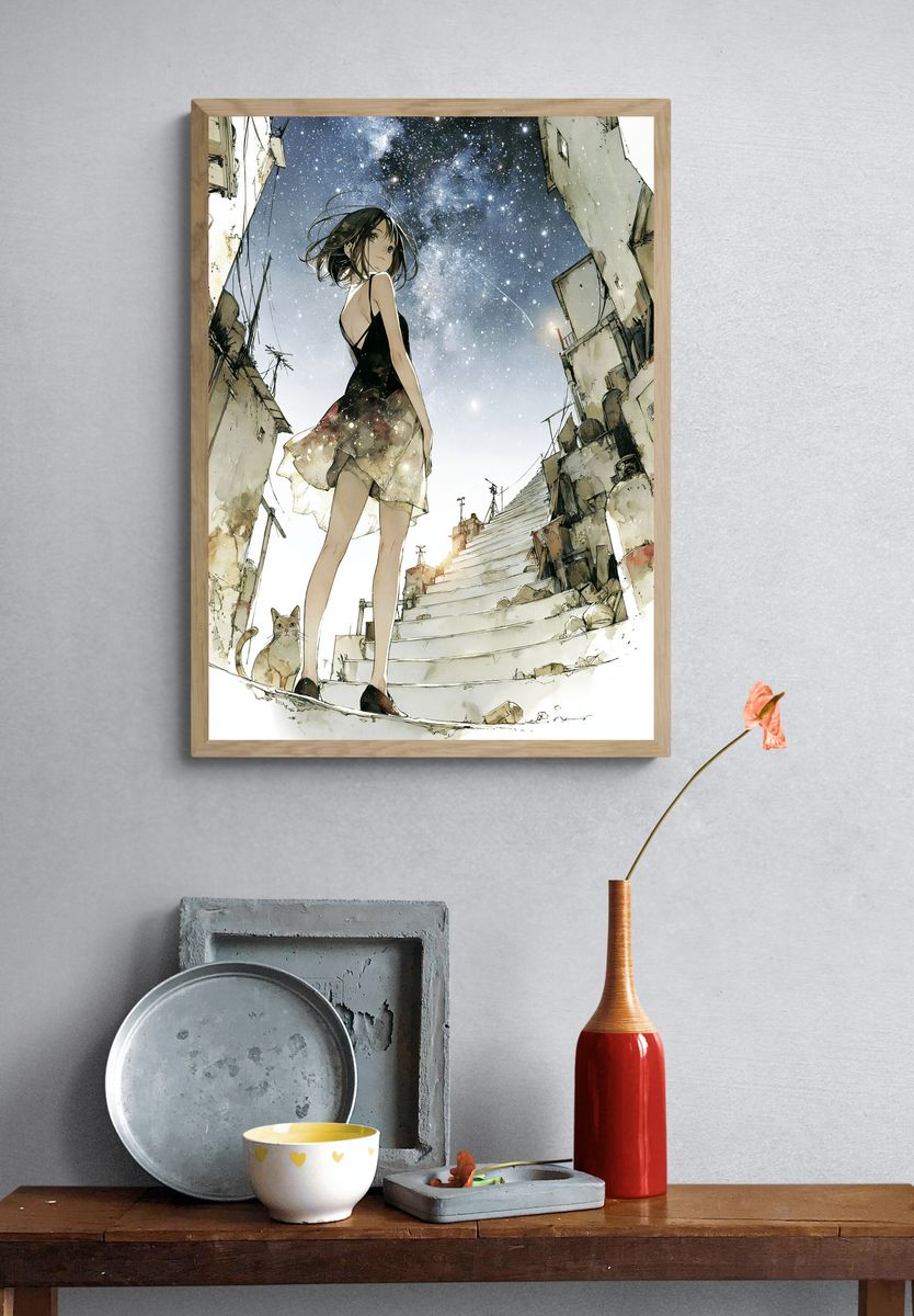 Girl Under Starry Sky Illustration Poster. — room view 3