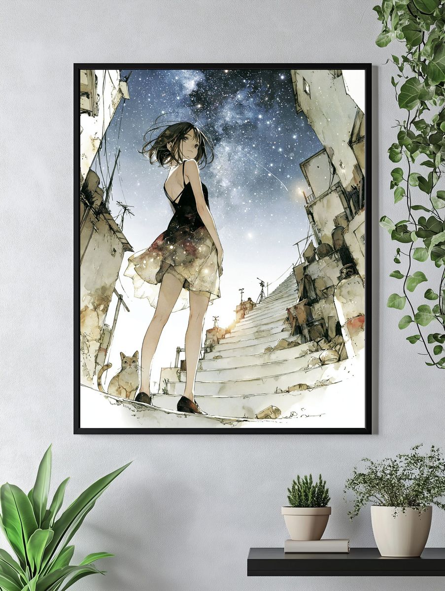 Girl Under Starry Sky Illustration Poster. — room view 4