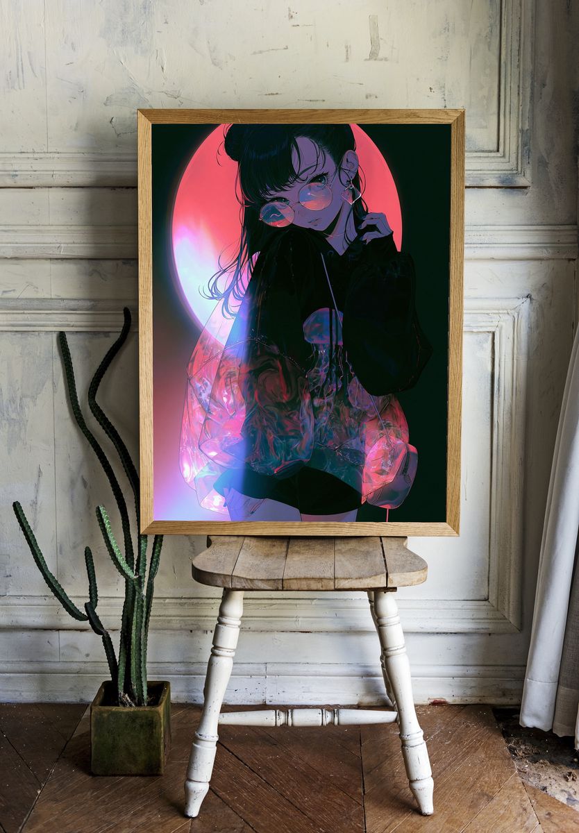 Neon Anime Girl Portrait Poster. — room view 1