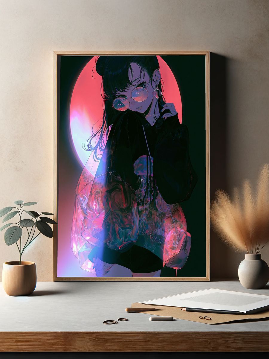 Neon Anime Girl Portrait Poster. — room view 2