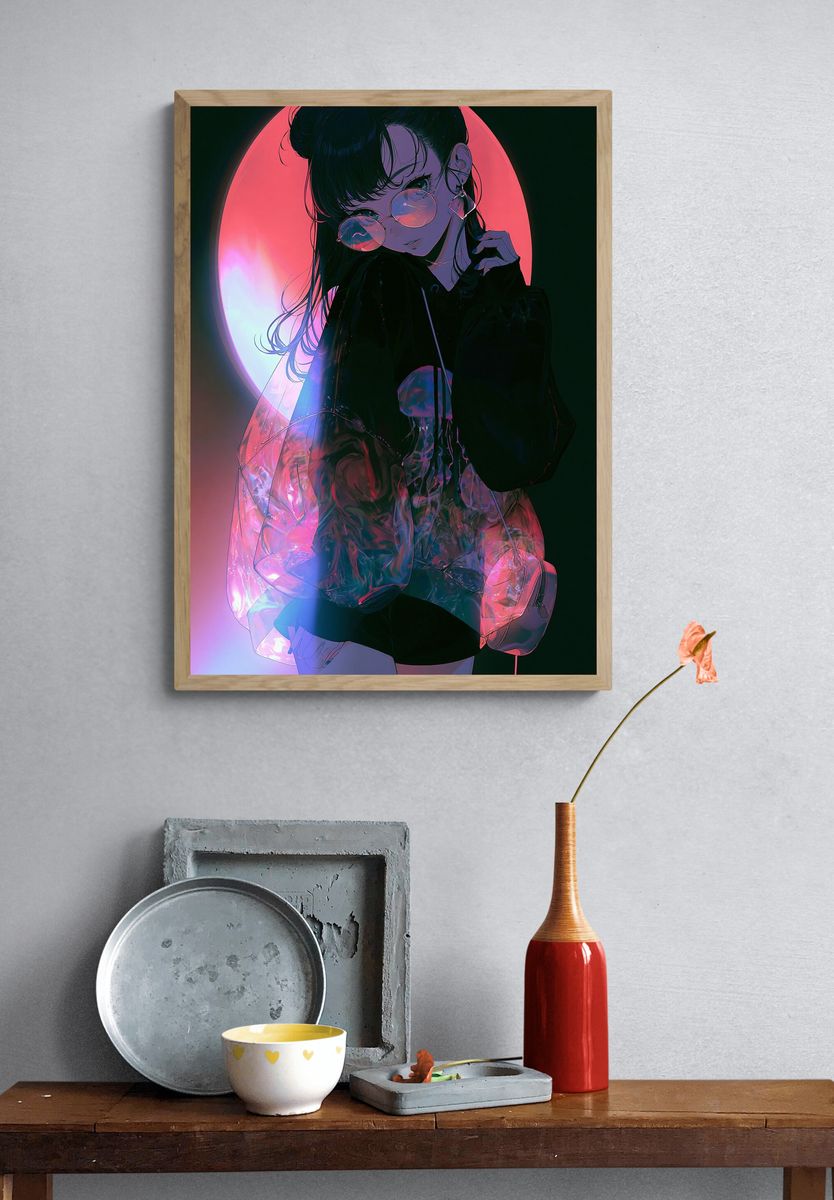 Neon Anime Girl Portrait Poster. — room view 3
