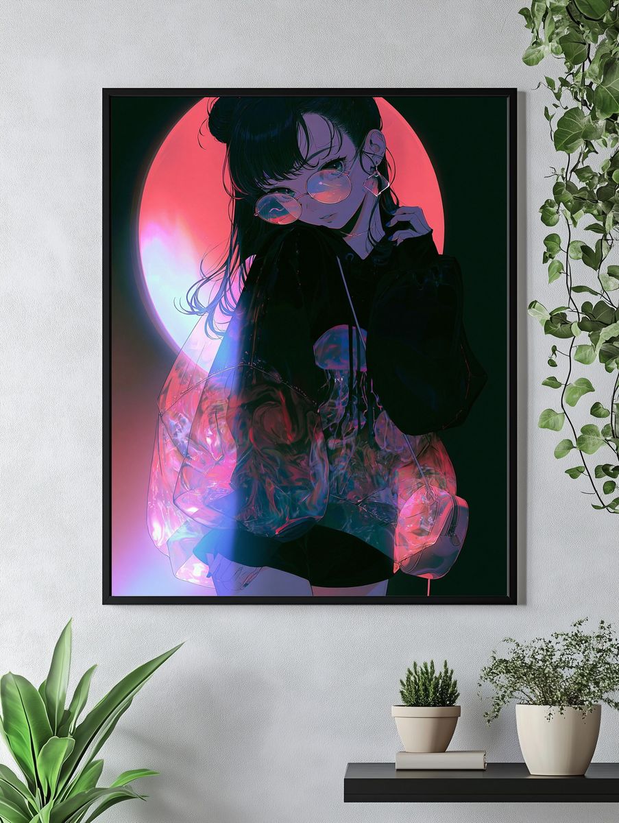 Neon Anime Girl Portrait Poster. — room view 4