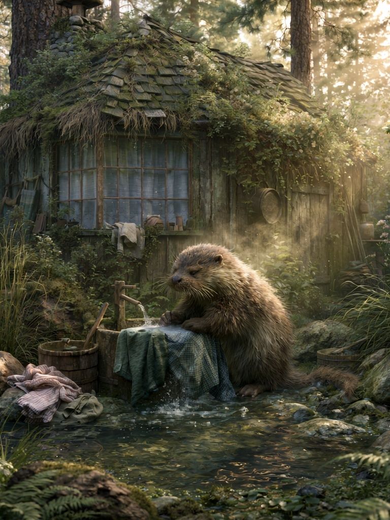 Forest Otter Cottage Illustration Poster. poster detail
