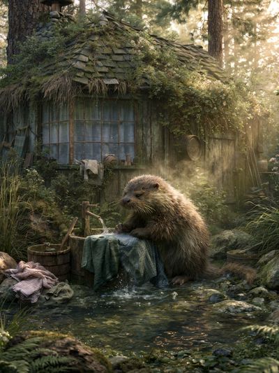 Forest Otter Cottage Illustration Poster. poster