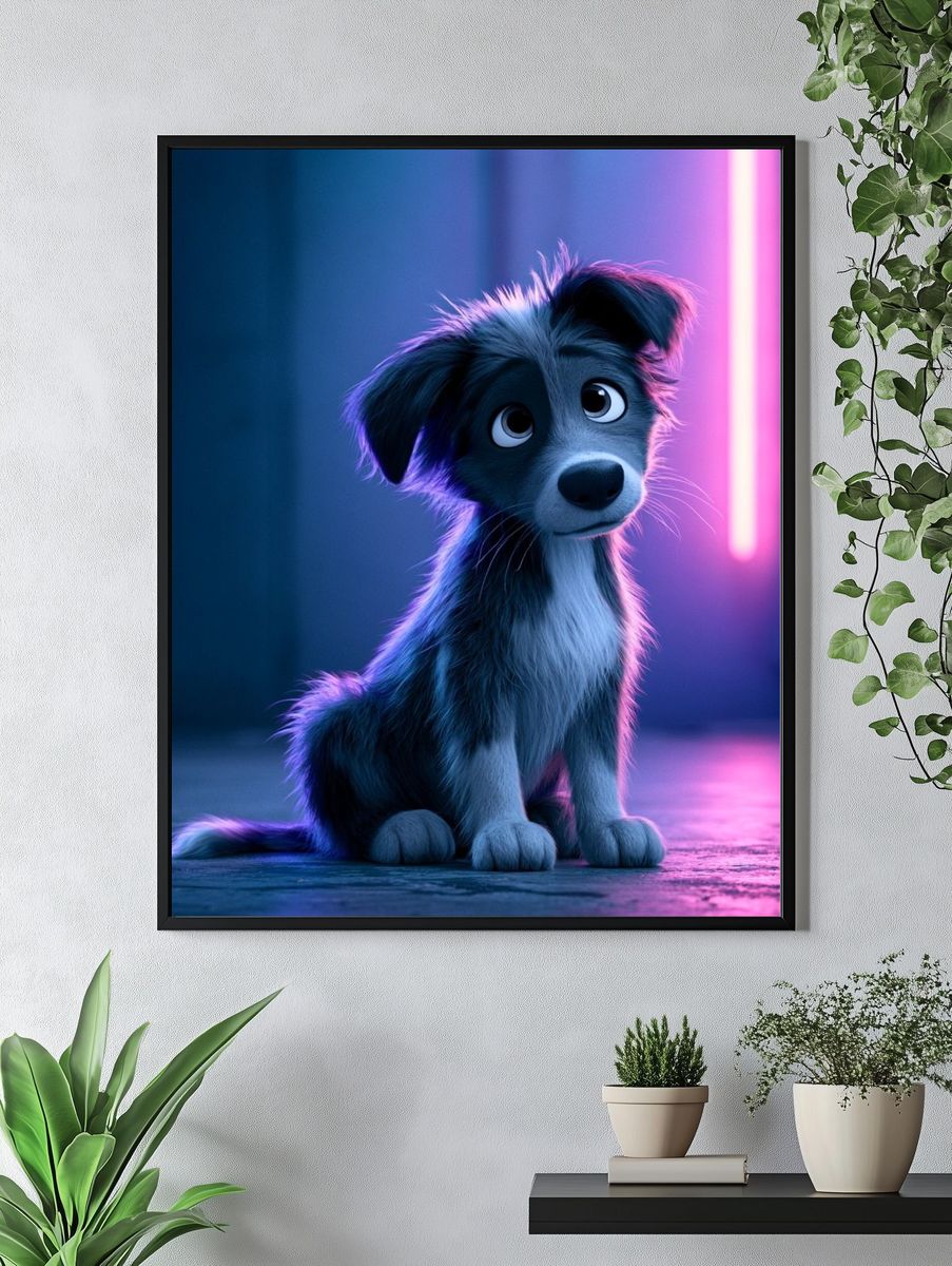 Neon Puppy Portrait Print. — room view 4