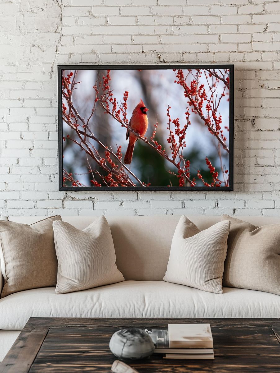 Cardinal in Winter Berries Poster. — room view 1