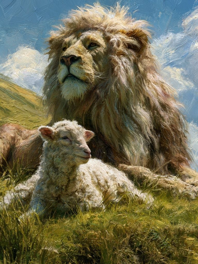 Lion and Lamb Meadow Illustration Poster. poster — animals art