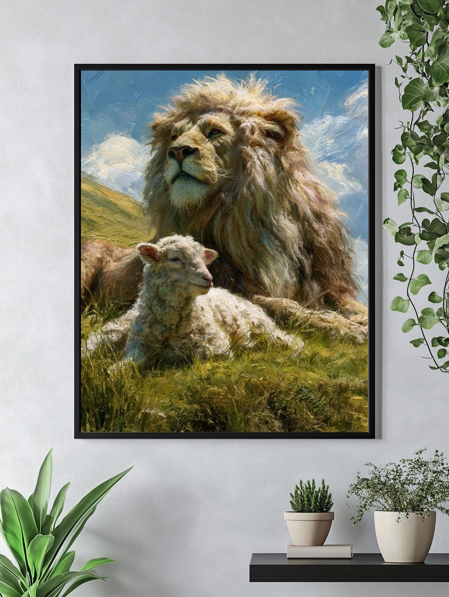 Lion and Lamb Meadow Illustration Poster. — room view 4