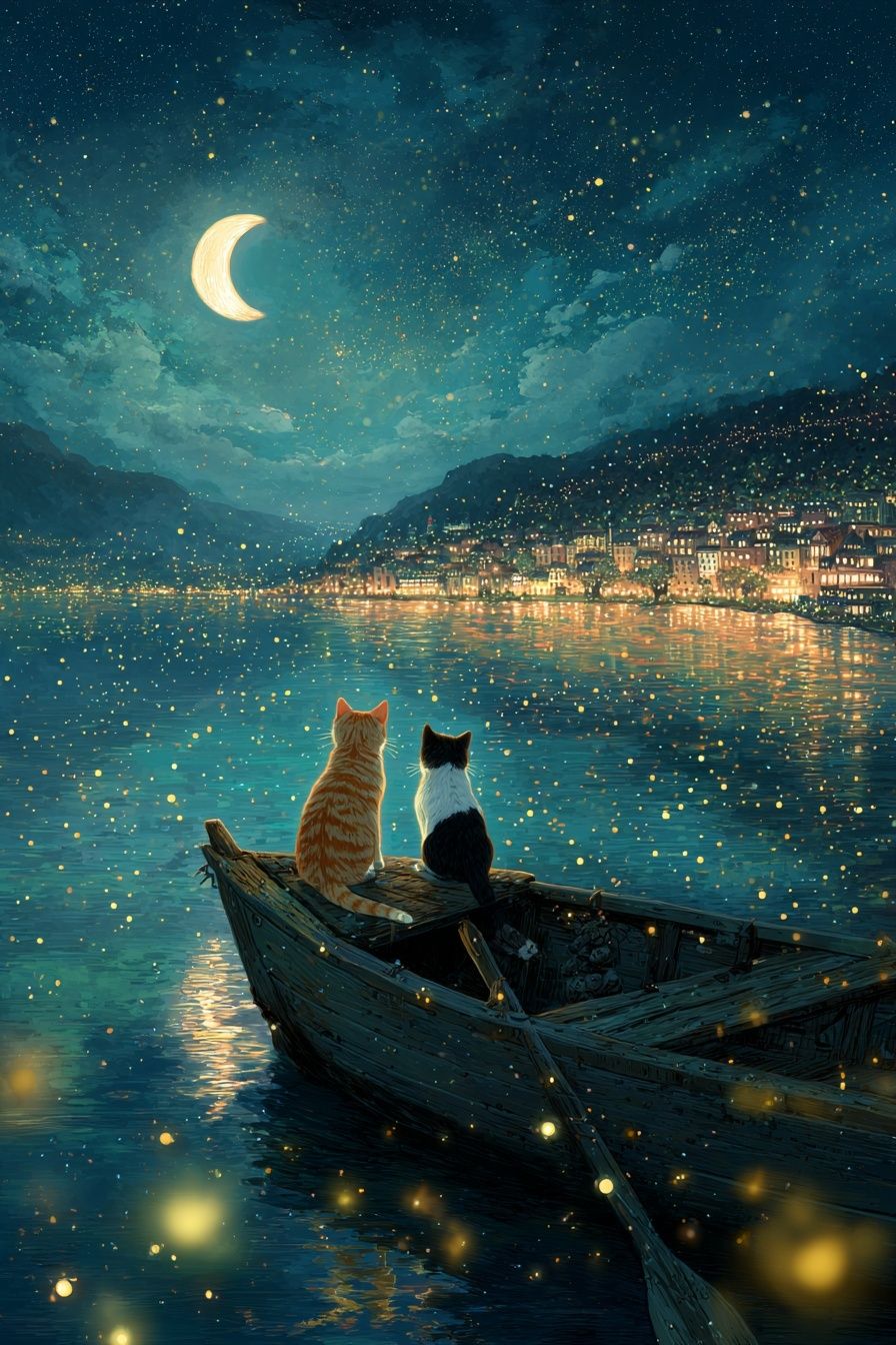 Moonlit Cats by the Lake Poster. poster detail
