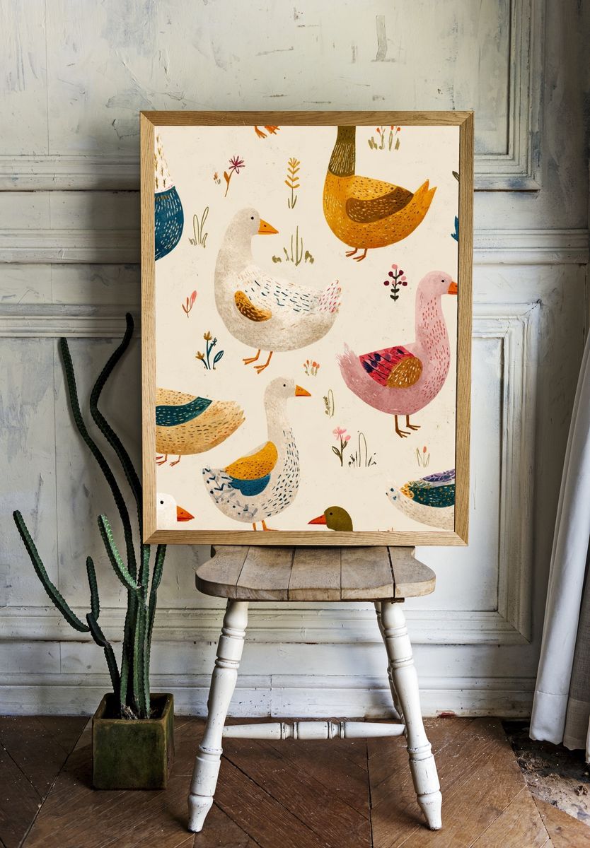 Playful Ducks Illustration Poster. — room view 1