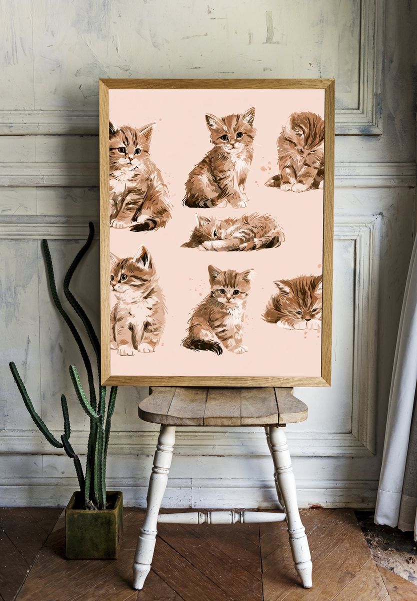 Playful Kitten Study Illustration Poster. — room view 1