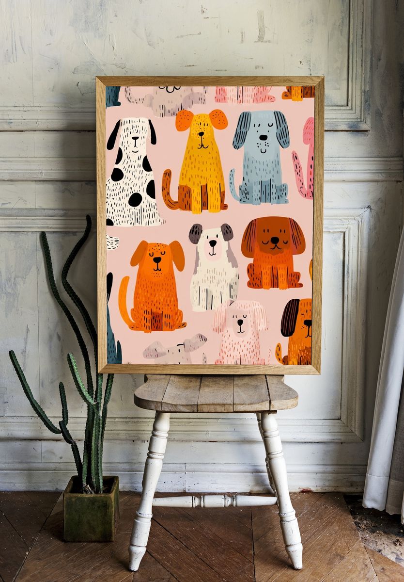 Playful Dogs Illustration Poster. — room view 1