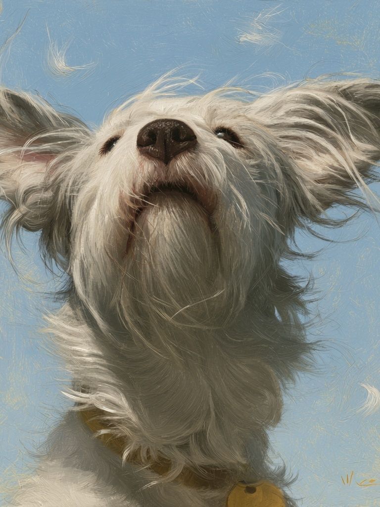 Whimsical White Dog Portrait Print. poster detail