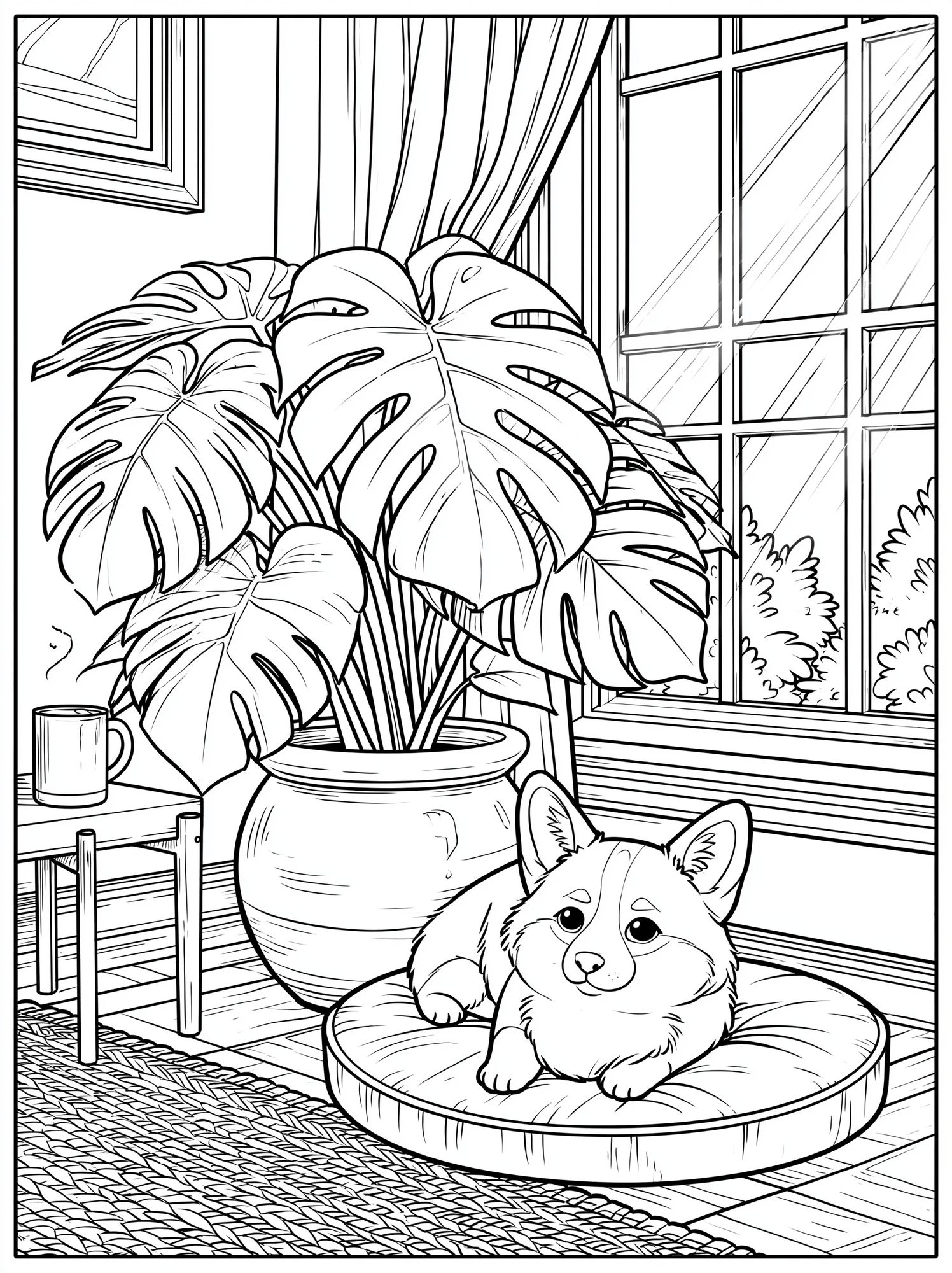 Corgi and Monstera Line Art Poster. poster — animals art