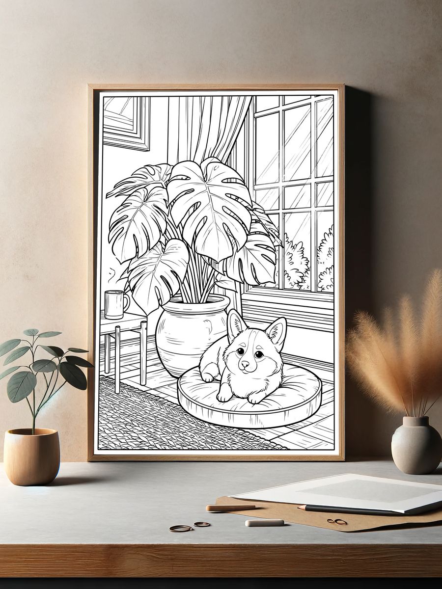 Corgi and Monstera Line Art Poster. — room view 2