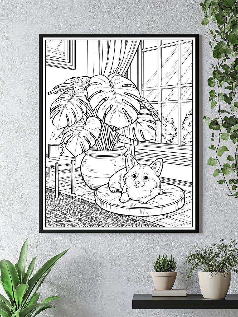 Corgi and Monstera Line Art Poster. — room view 4