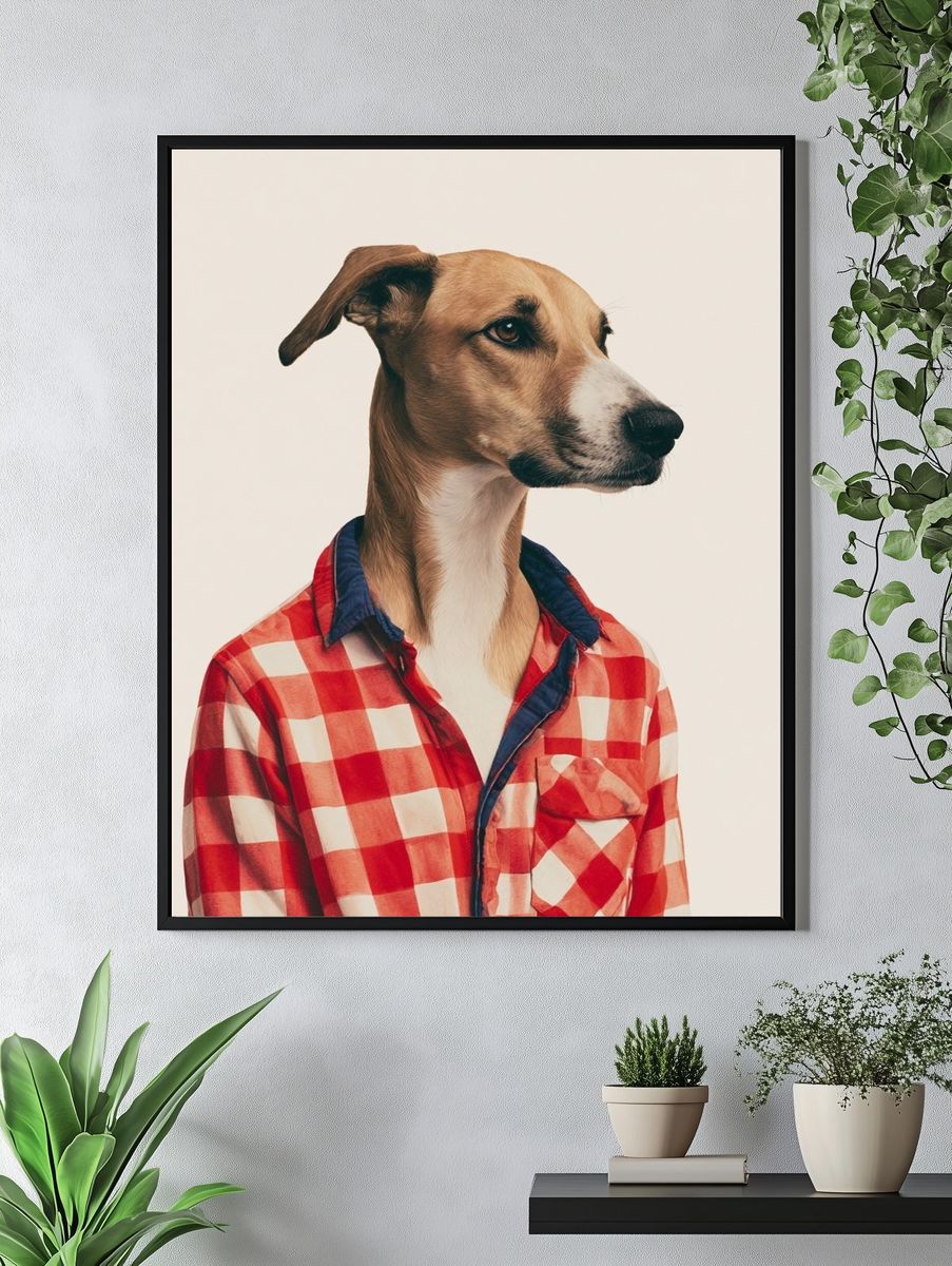Whippet in Checkered Shirt Poster. — room view 4