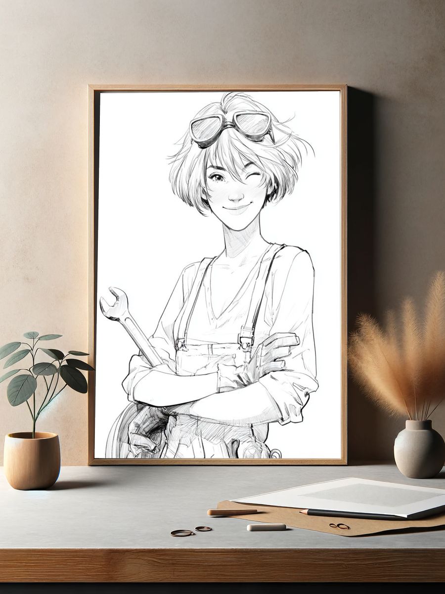 Winking Mechanic Anime Print. — room view 2