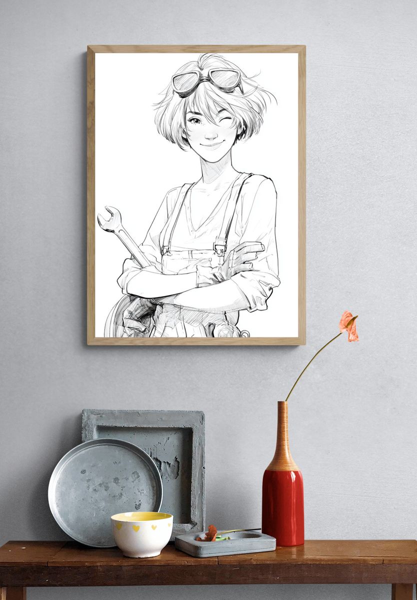 Winking Mechanic Anime Print. — room view 3