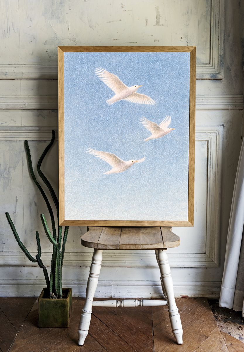 White Birds in Blue Sky Print. — room view 1