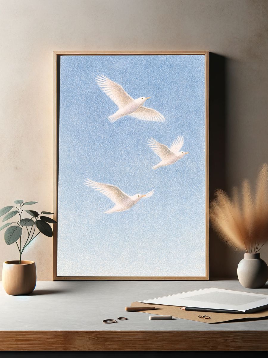 White Birds in Blue Sky Print. — room view 2