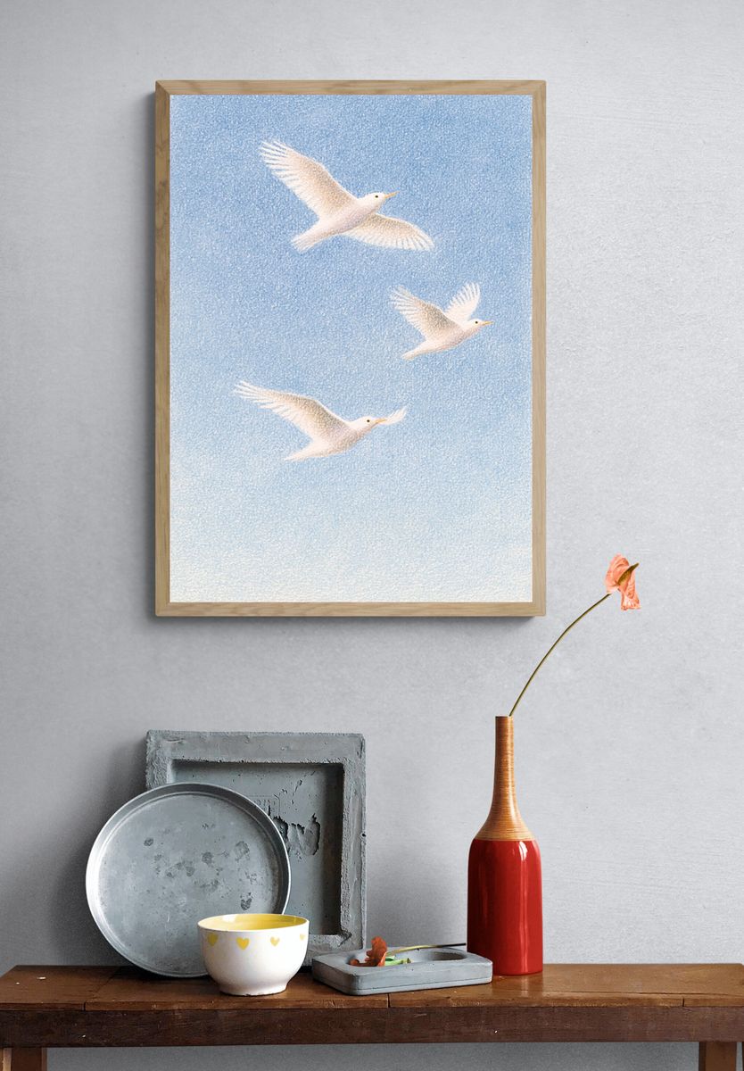 White Birds in Blue Sky Print. — room view 3