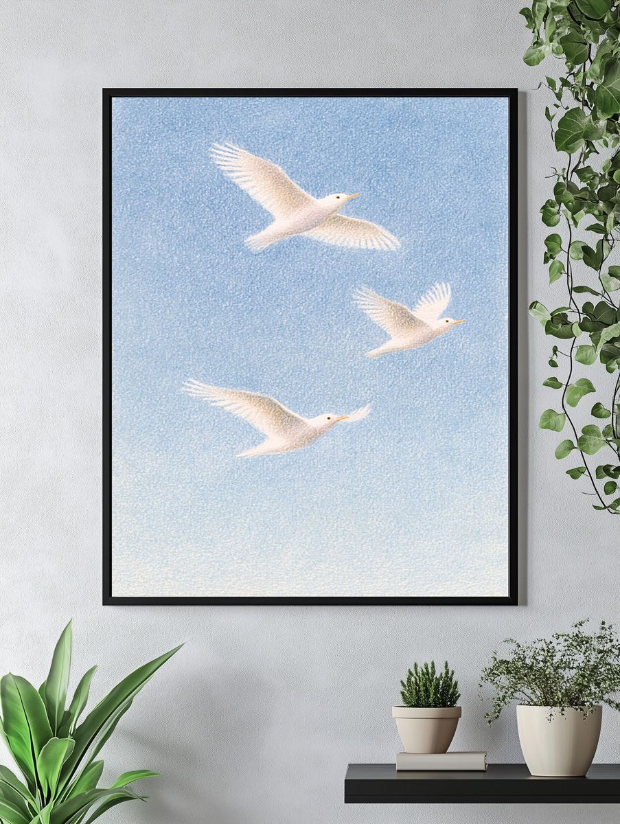 White Birds in Blue Sky Print. — room view 4