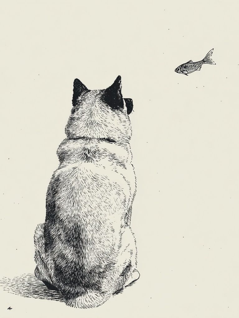 Cat and Fish Ink Illustration Poster. poster detail