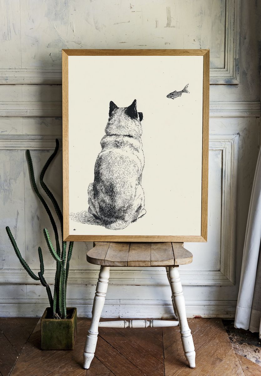 Cat and Fish Ink Illustration Poster. — room view 1