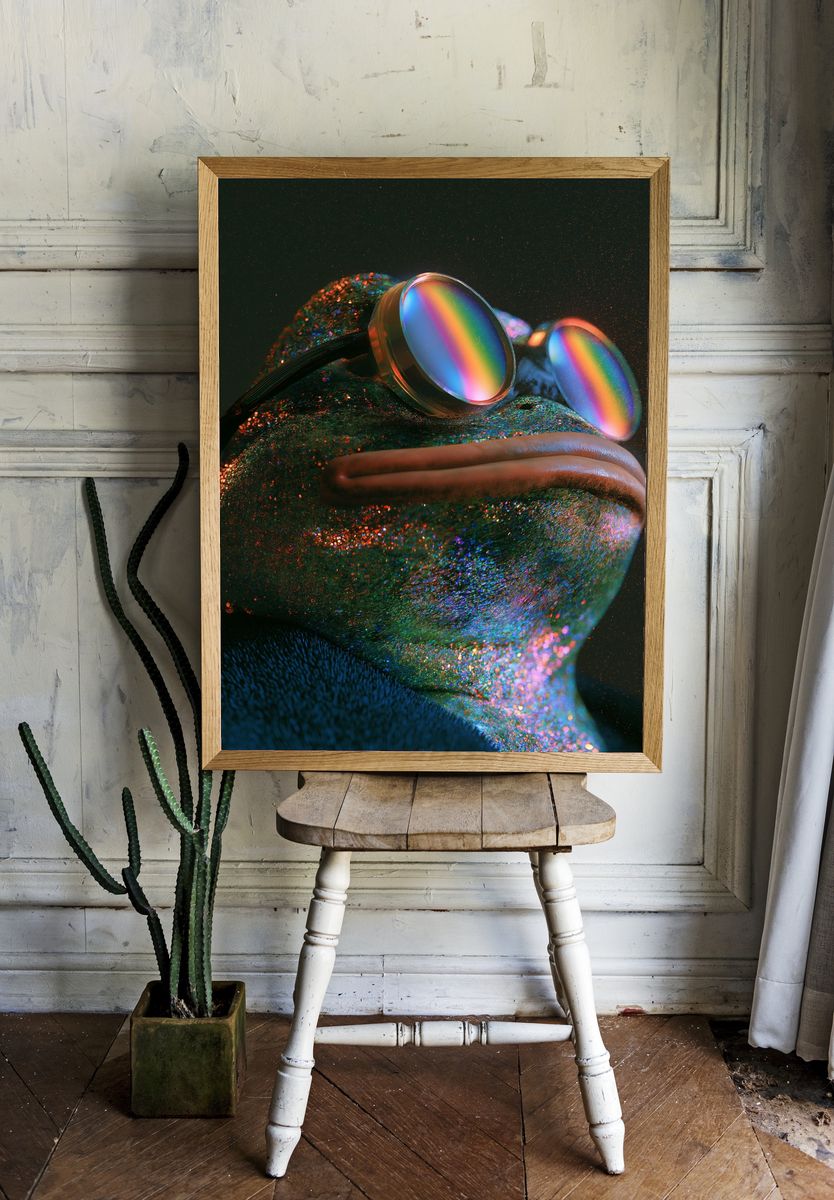 Rainbow Frog Portrait Print. — room view 1