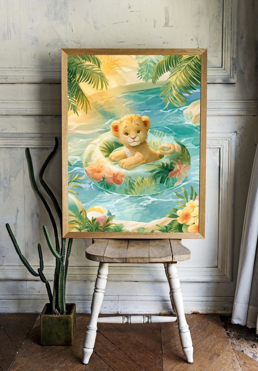 Tropical Lion Cub Illustration Poster. — room view 1