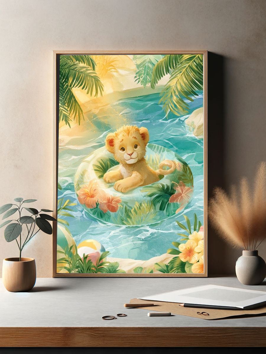 Tropical Lion Cub Illustration Poster. — room view 2