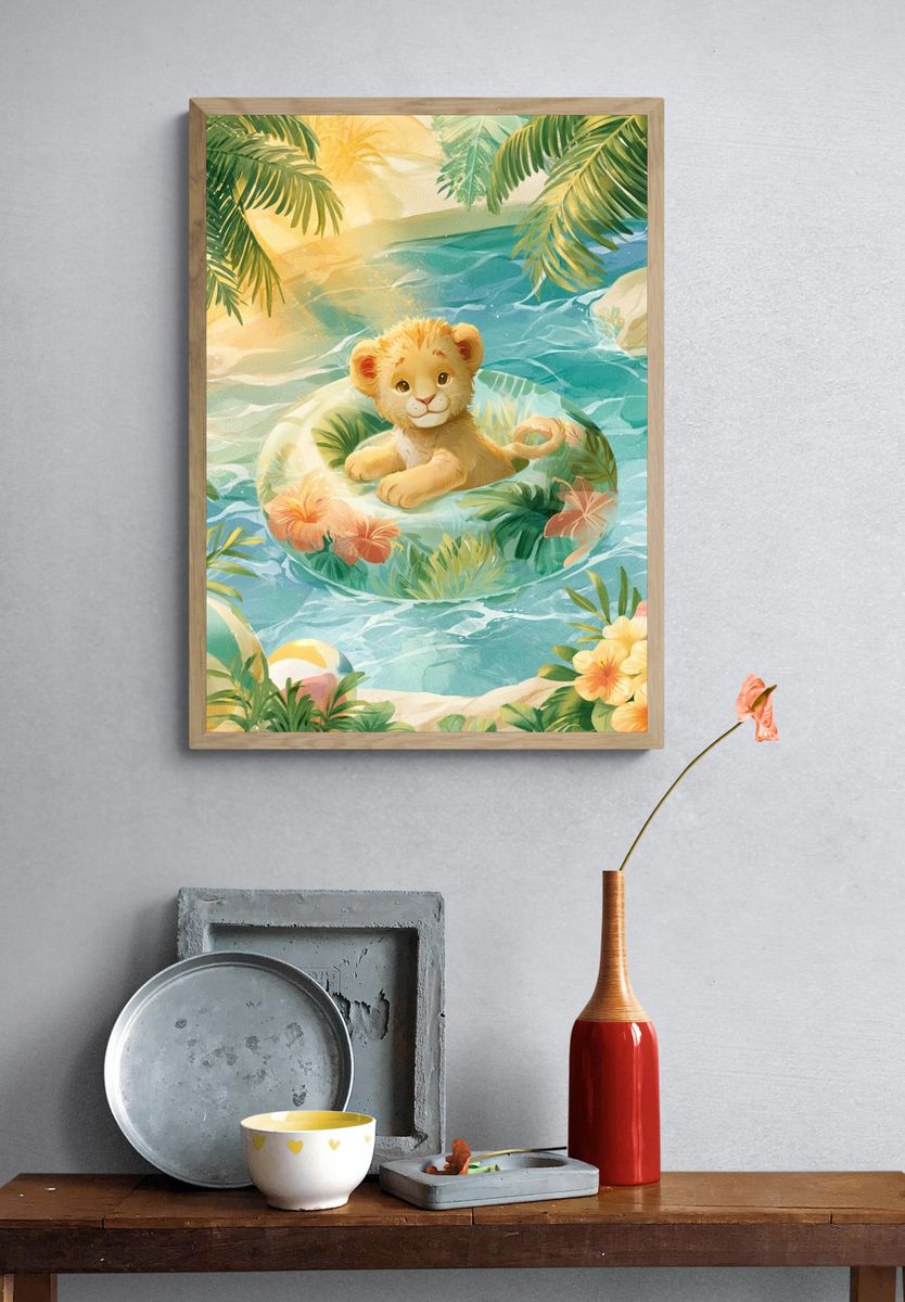 Tropical Lion Cub Illustration Poster. — room view 3