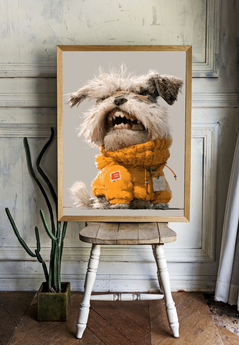 Scruffy Dog in Yellow Coat Poster. — room view 1
