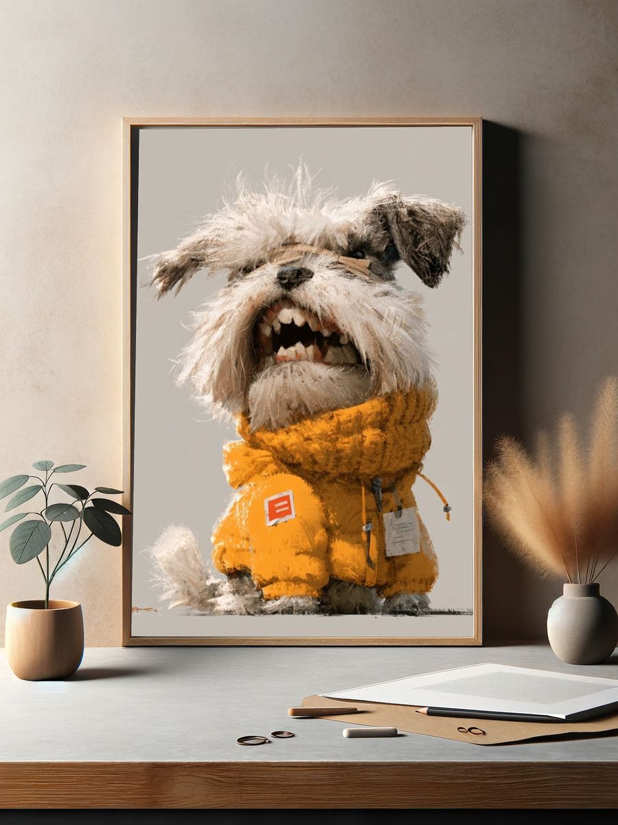 Scruffy Dog in Yellow Coat Poster. — room view 2
