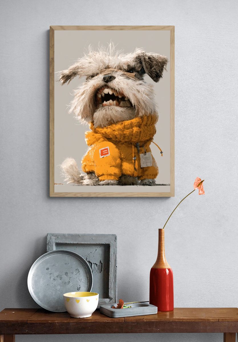 Scruffy Dog in Yellow Coat Poster. — room view 3