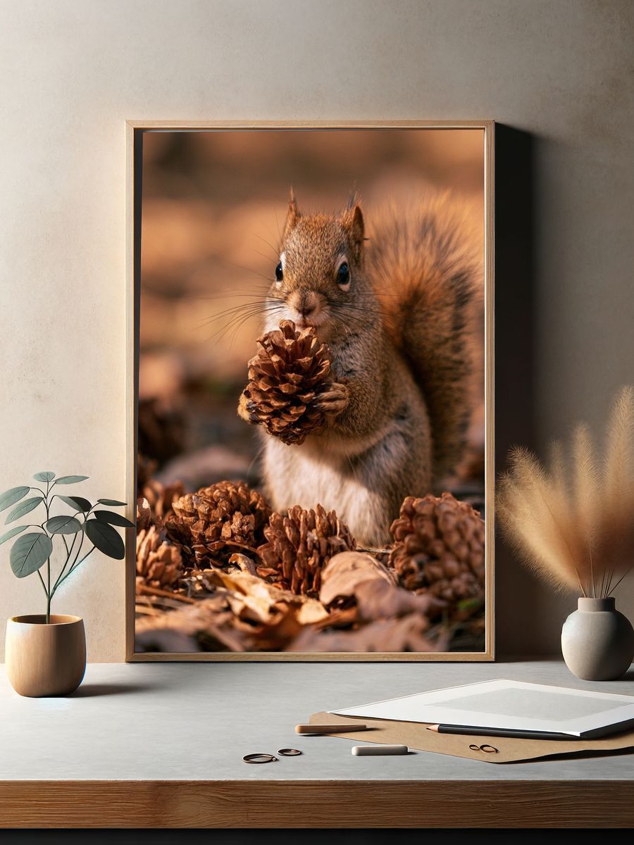 Squirrel with Pinecone Photography Poster. — room view 2