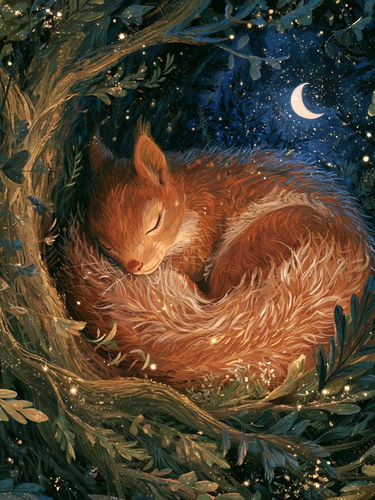 Sleeping Fox in Moonlit Forest Poster. poster — animals art