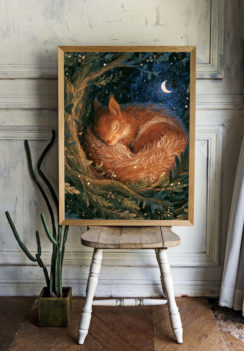 Sleeping Fox in Moonlit Forest Poster. — room view 1