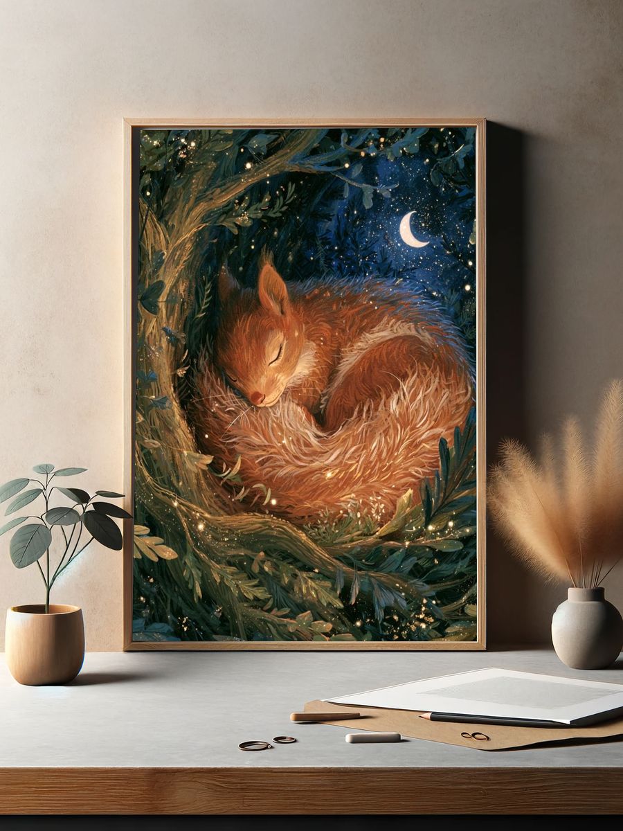 Sleeping Fox in Moonlit Forest Poster. — room view 2