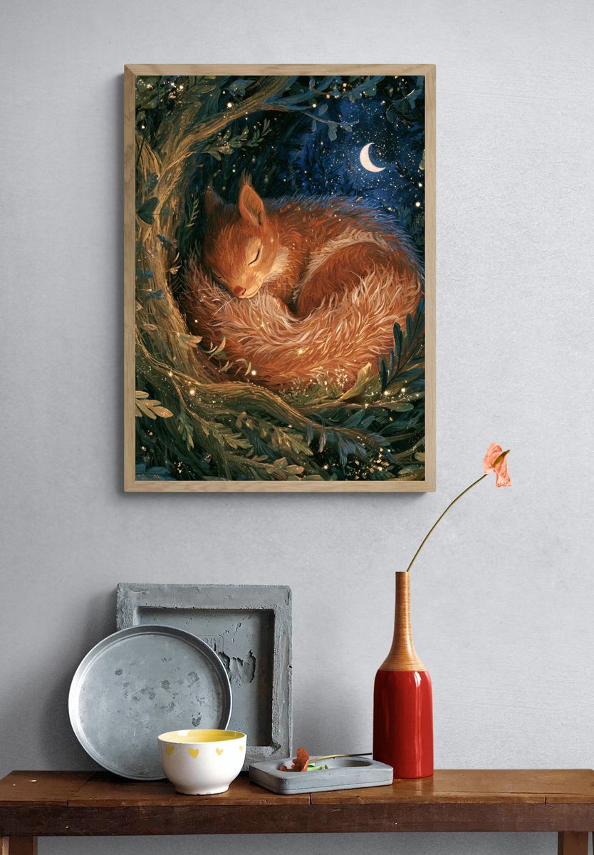 Sleeping Fox in Moonlit Forest Poster. — room view 3
