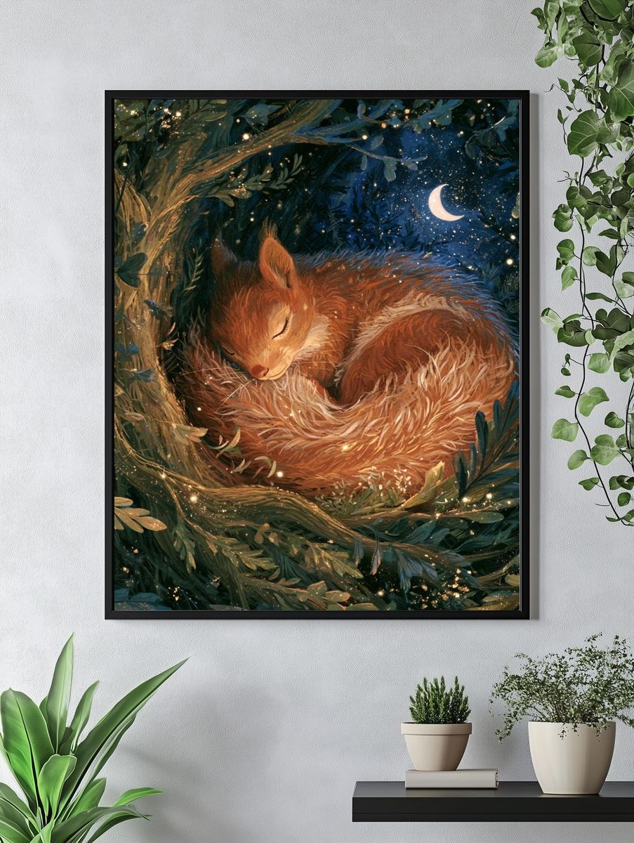 Sleeping Fox in Moonlit Forest Poster. — room view 4