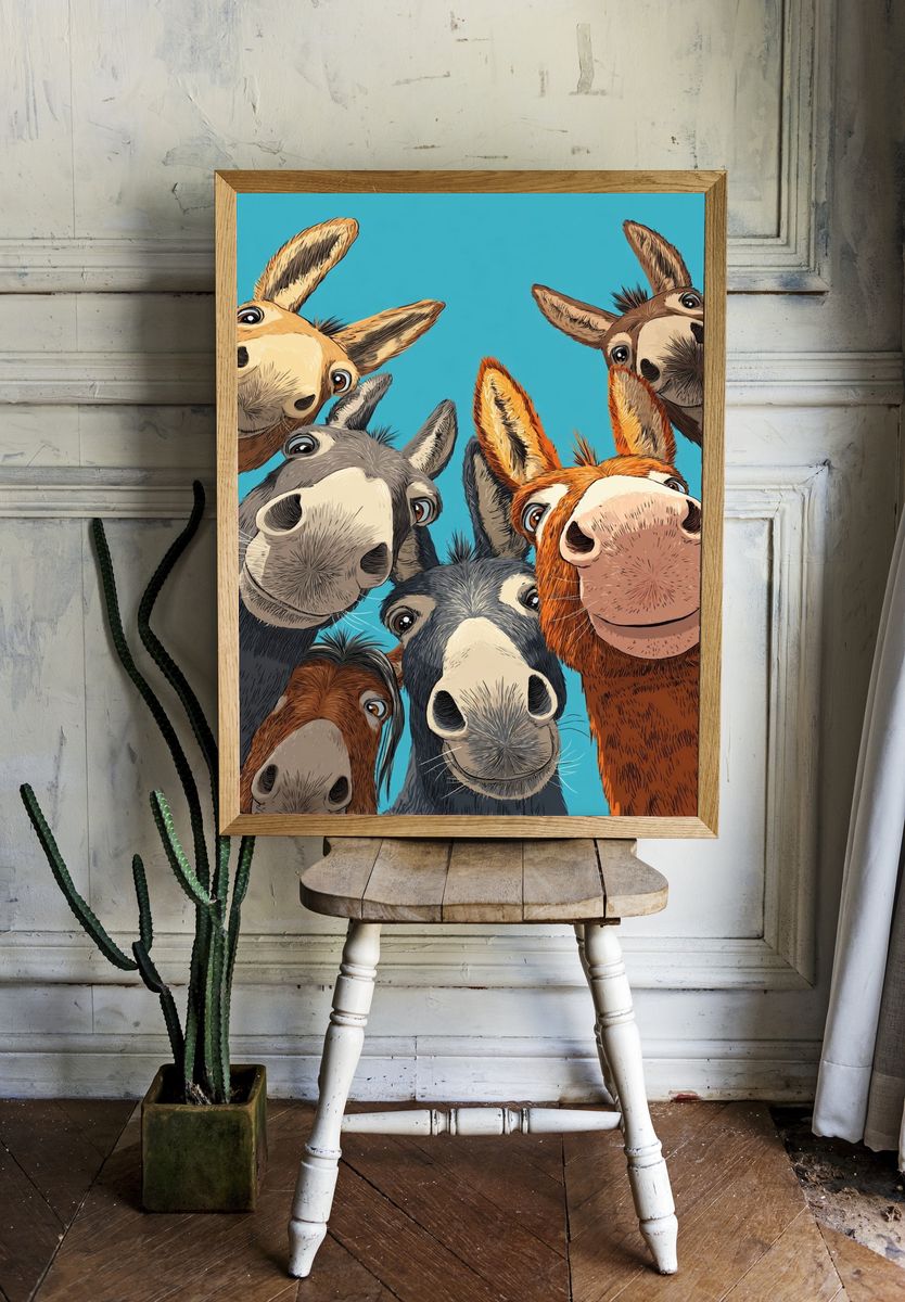 Playful Donkey Faces Illustration Poster. — room view 1