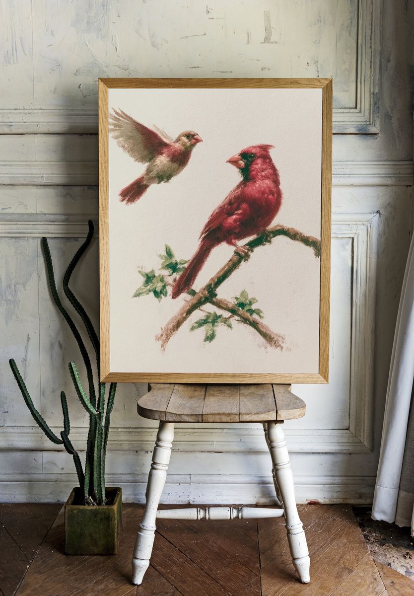 Cardinal Birds Watercolor Print. — room view 1