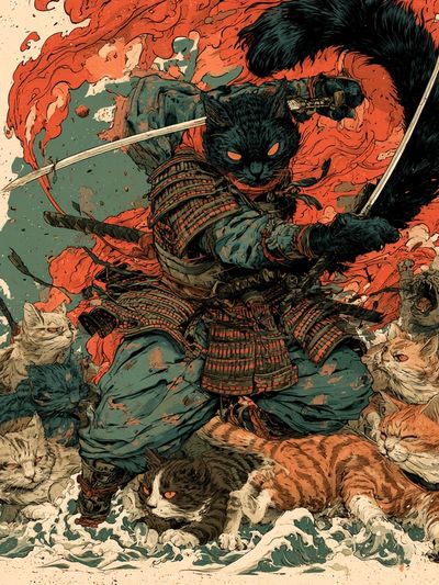 Samurai Cats Digital Art Poster.