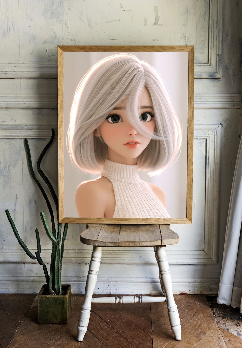 Silver-Haired Anime Girl Portrait Print. — room view 1