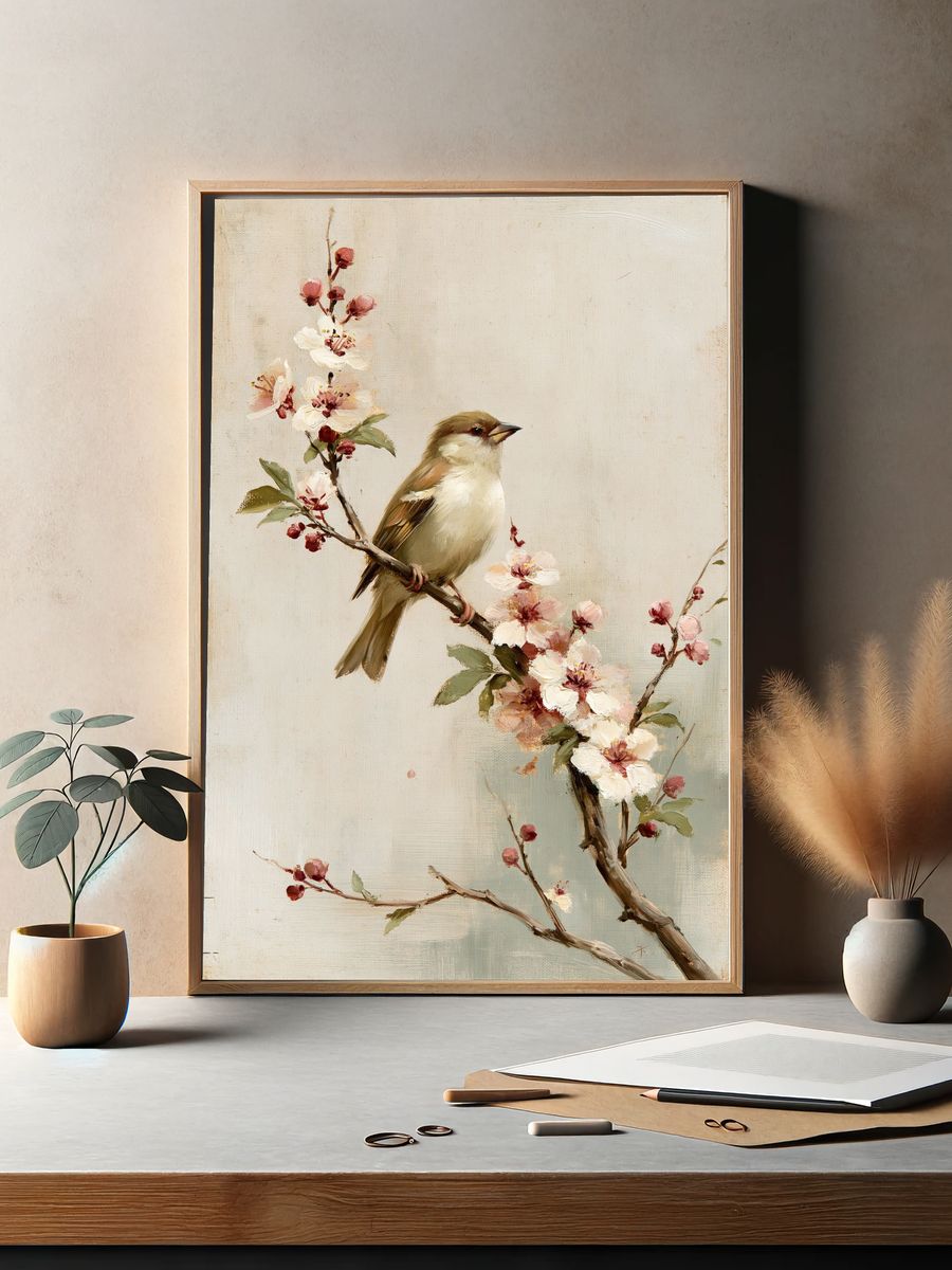 Bird on Blossom Branch Fine-Art Print. — room view 2